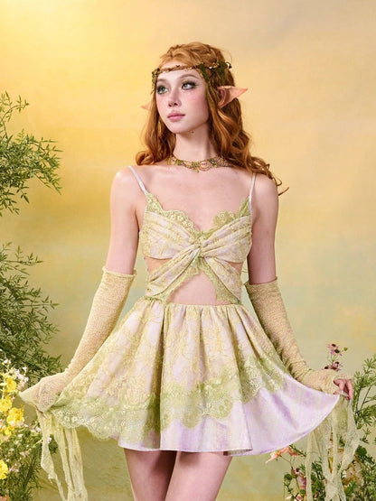 Fairycore Green Purple Butterfly Lace Sleeveless Dress Brown Belt - Virtual Orbit