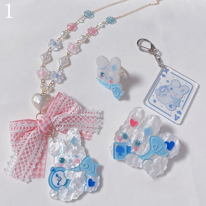 Hairclips/Keychain Blue Necklace/Rabbit Beads Ring/Rabbit Rabbit Pink Lace and Bow Pendant