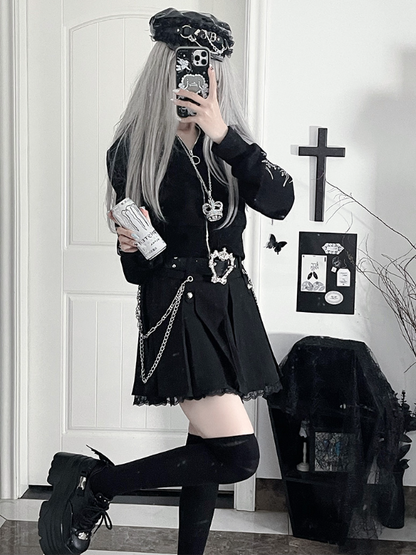 Metal ChainsCross Gothic Studded Motif Black Side PUBelt Lace Hem+Black Skirtwith