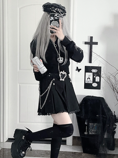 Motif Black Gothic ChainsCross Metal Hem Lined Skirtwith Lace Side