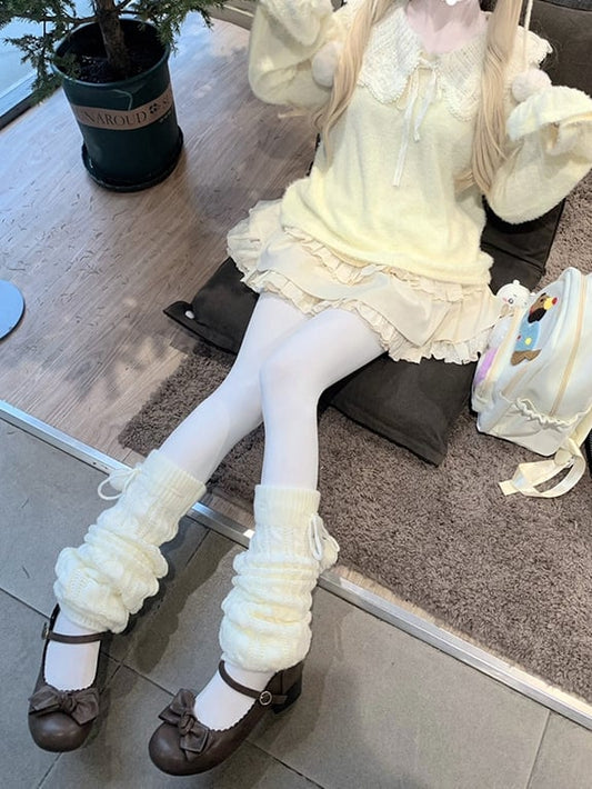 イエローのラウンドフラットカラーセーター+ホワイトカーディガン+ダブルトリプルレイヤー裏地付きスカート