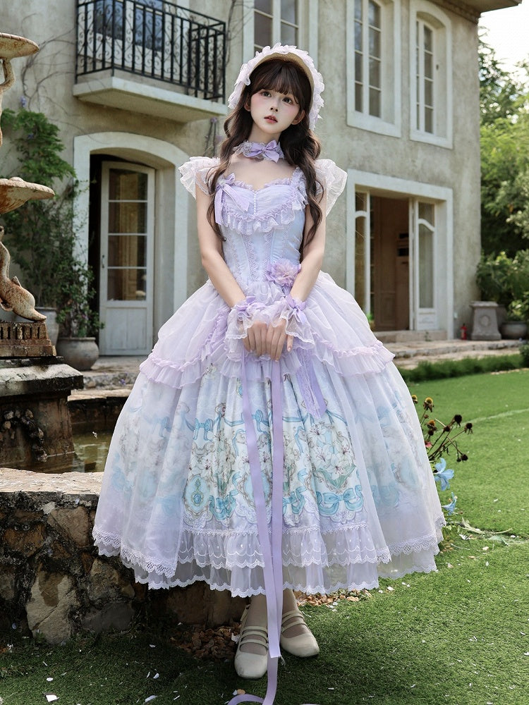 Purple Lily Print Lolita JSK Gown with Tulle Overlay and Back Bow Set - White Sugar Girl
