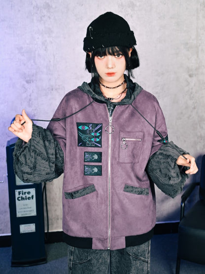 Gothic Gray with Sleeves Suede Jacket Distressed Faux Embroidery Bishop Purple Applique Baseball