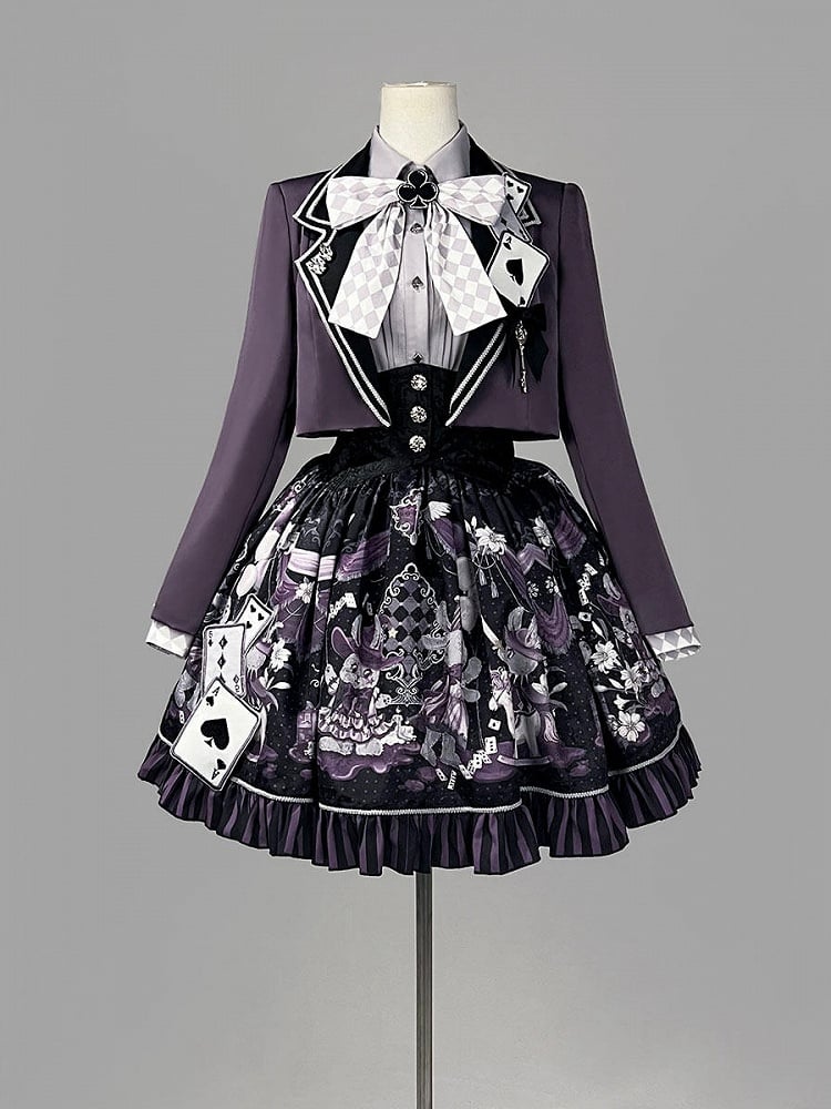 + Gothic Set Waist Skirt Bunny High Cropped Magician Coat Print Lolita Lapel Sleeveless Purple - Top