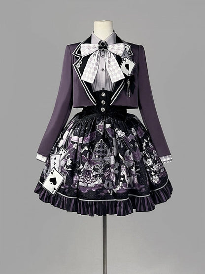 + Gothic Set Waist Skirt Bunny High Cropped Magician Coat Print Lolita Lapel Sleeveless Purple - Top