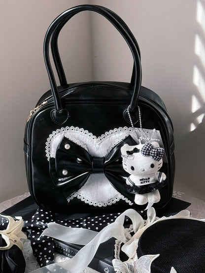 Verzierte süße schwarze Handperlentasche Plüsch Lolita Herzschleife