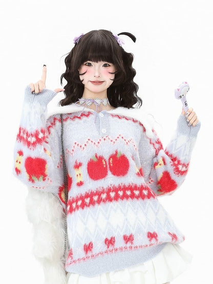 Daily Christmas Apple in Purple Bow with Pink/Light Patterns Kawaii Sweater