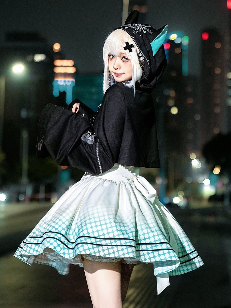 Cropped Long-Sleeve Hoodie Top with Cat Ears, Metal Buckles in Black & Blue - Xiong Dou Jiang