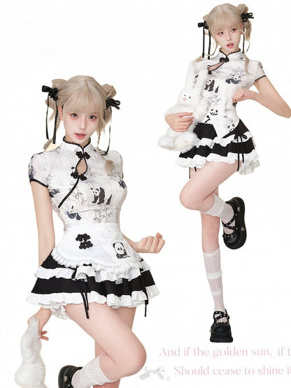 with Top Ink-Style Cheongsam-Inspired Panda Short Sleeve White