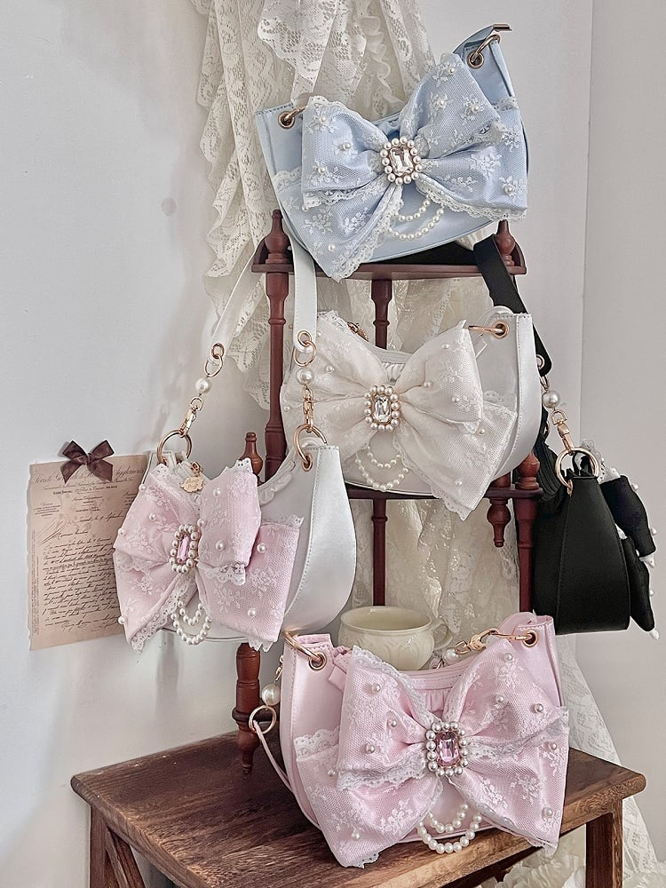 Blue Sweet Lolita Satin Underarm Bag with Crystal Bow - Sheep Puff Bag