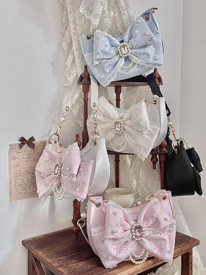 Blue Sweet Lolita Satin Underarm Bag with Crystal Bow - Sheep Puff Bag