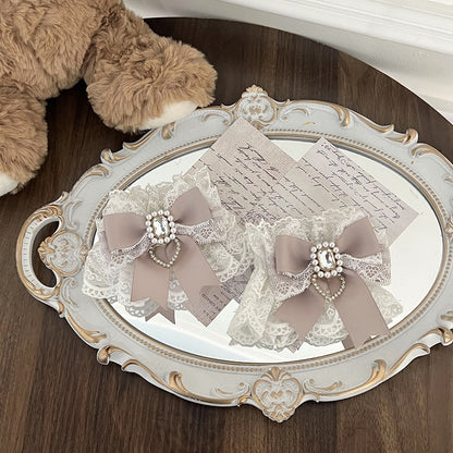 Schwarz-weiße Jirai Kei-Armmanschetten aus Spitze mit Schleife und Strass-Akzenten, Rosa/Weiß/