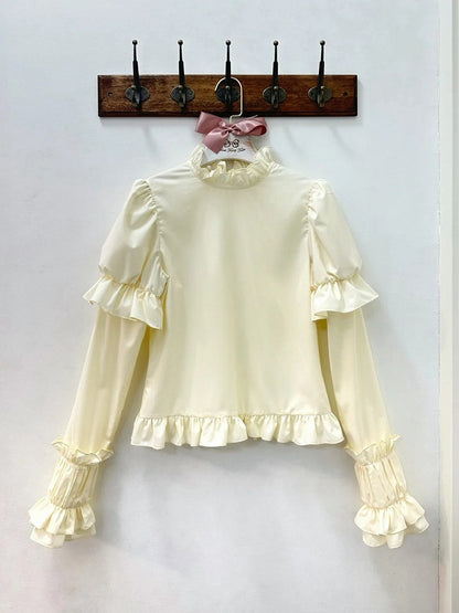Creamy Ruffle Neckline Long Sleeves Blouse