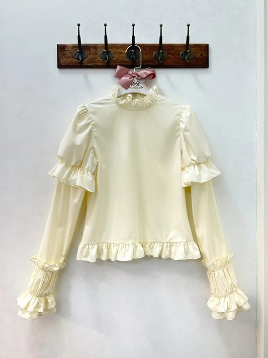 Creamy Ruffle Neckline Long Sleeves Blouse