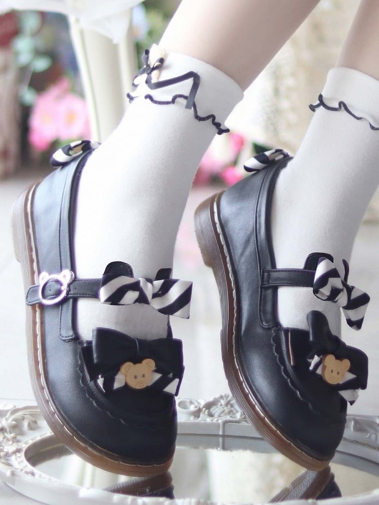 - with Flats Striped 2cm Black Leather Sweet Details PU Decor Bear and Bow Heel