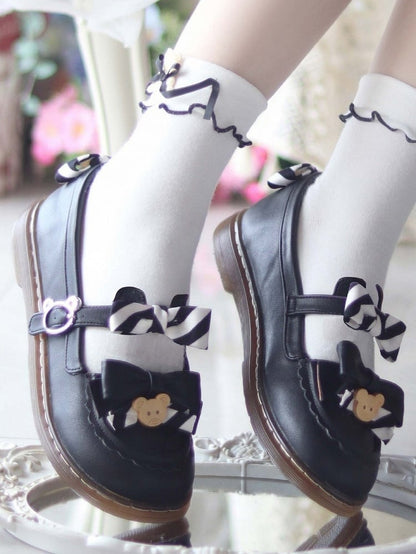 - with Flats Striped 2cm Black Leather Sweet Details PU Decor Bear and Bow Heel