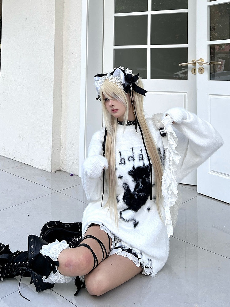 Sweater Black/White with Distress Kitten Plush Design Trim Devil and