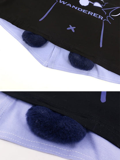 ワンダラーファンアート ブラック キュート キティプリント Vネック Tシャツ