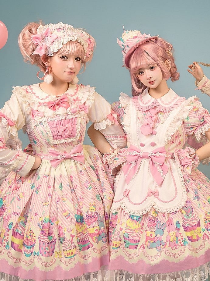 and White Collar Pan Pink Lolita Peter Bunny Cupcake Dress Print Maid
