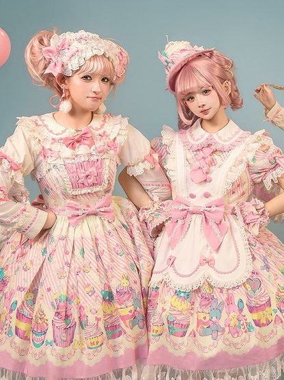 and White Collar Pan Pink Lolita Peter Bunny Cupcake Dress Print Maid