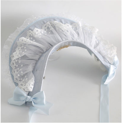 Lace Bowknot Details Clips Sweet Lolita Decorated Beaded Bonnet With Light Trim Blue