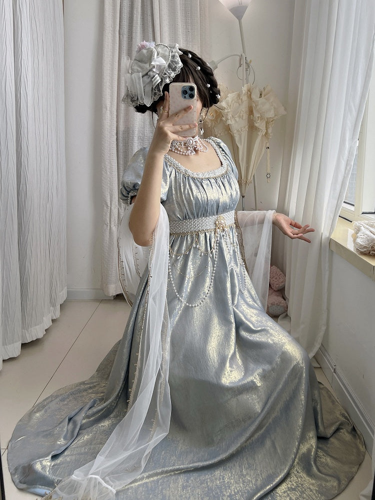 Blue Empire Waist Lolita OP Dress with Beadwork - Qian Mu