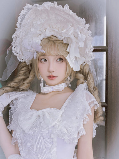 Trimmed Accents Lolita Bow Lace White with Bonnet