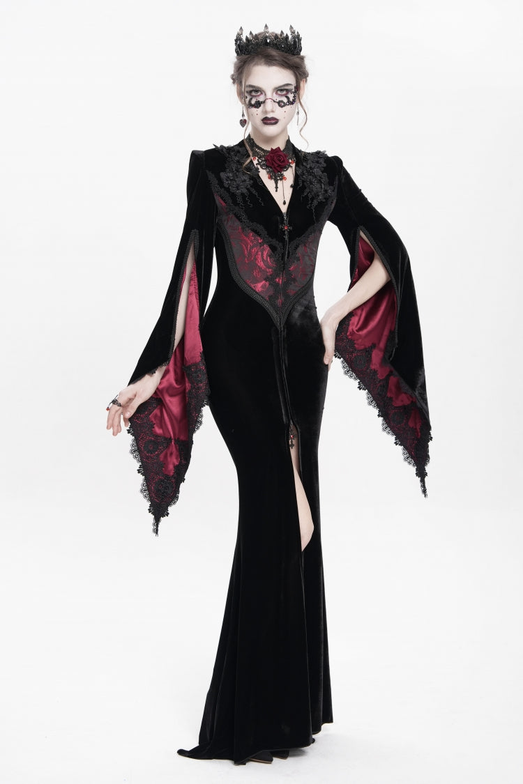 Black and Red V-Neck Long Trumpet Sleeves Floral Embroidered Velvet Gothic Dress
