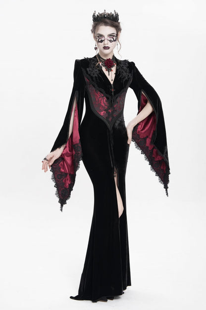 Black and Red V-Neck Long Trumpet Sleeves Floral Embroidered Velvet Gothic Dress