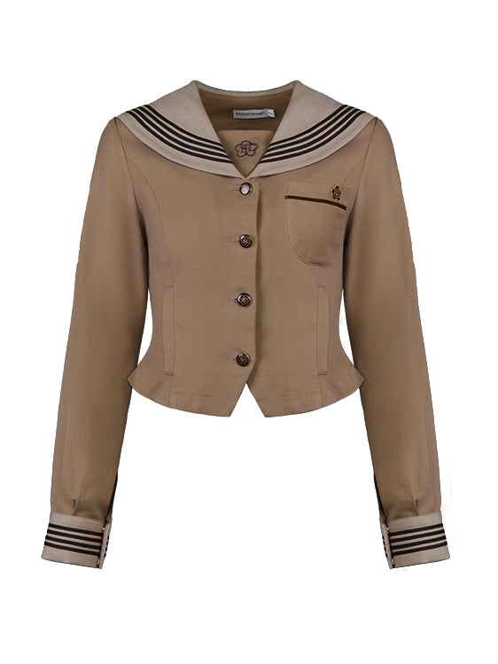 Floral Collar Sailor Embroidery JK Brown Uniform Blouse