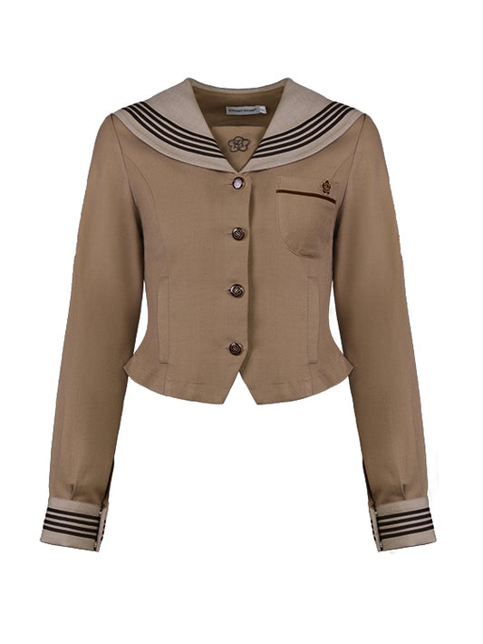 Floral Collar Sailor Embroidery JK Brown Uniform Blouse