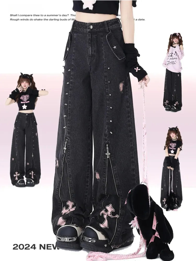 Nieten High Waist Schwarz Detail Punk Jeans Reißverschlüsse Design