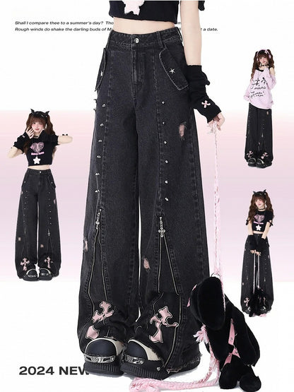 Black Punk Zip Jeans with Studs Detail - CRAZY GIRL