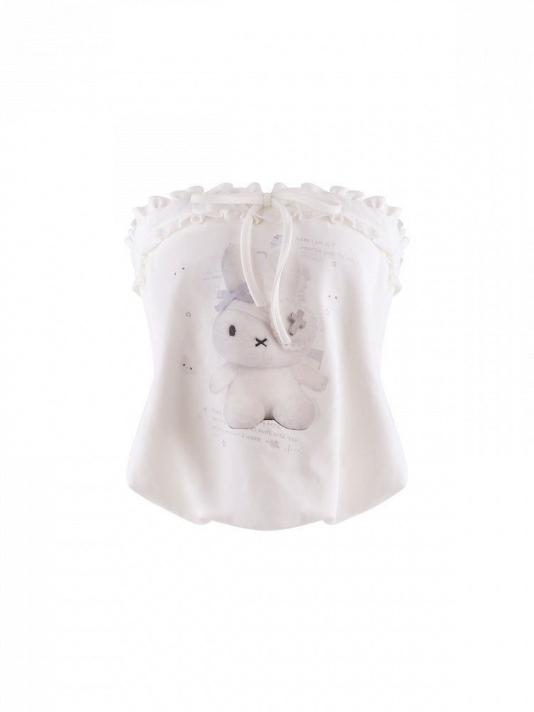 White Bunny Print Tube Top with Ruffle Trim - serendipity