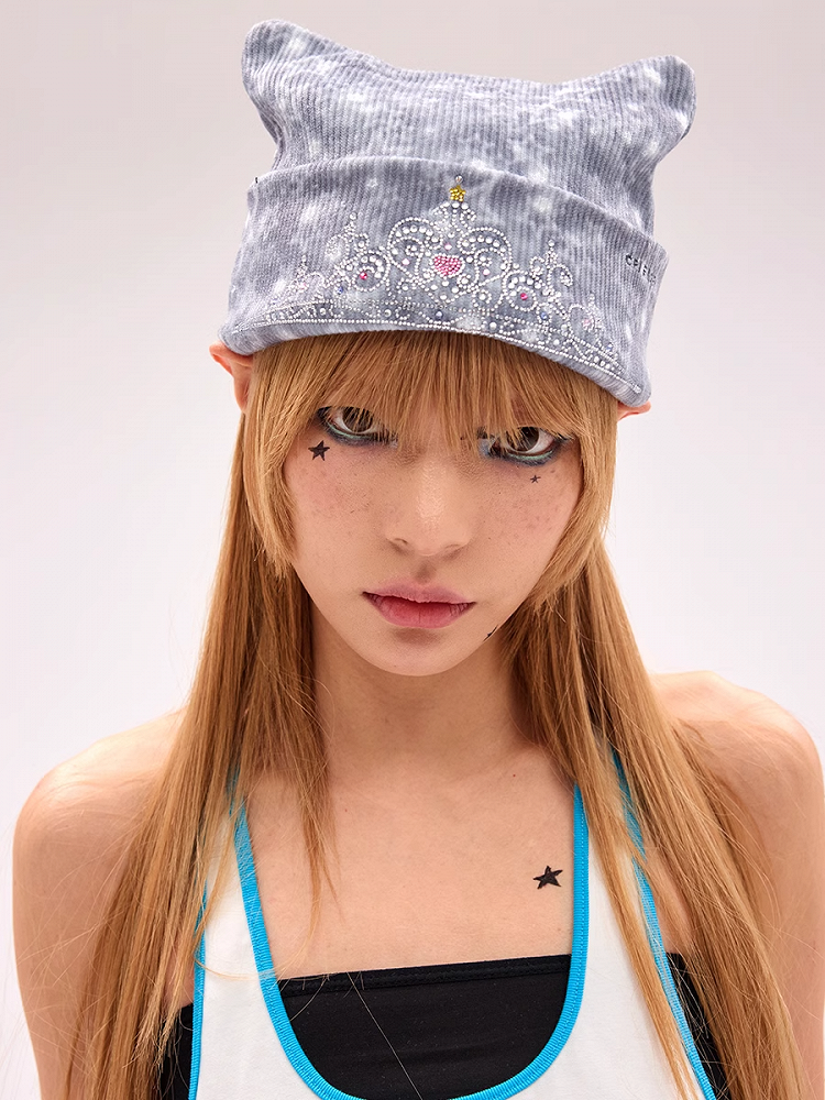 Knitted Beanie Pattern Y2K Star Crown Rhinestone Gray
