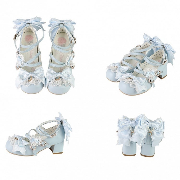 Bowknot-Träger Herz-Block-Design 5CM Heels Kreuzmuster Süße Schnalle Details Schuhe Lolita Blau