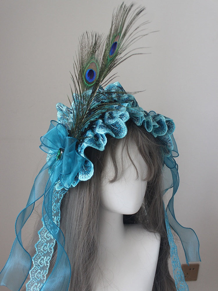 Decorated Blue Ruffled Hairband Design Bowknot Details Rhinestone Feather Peacock