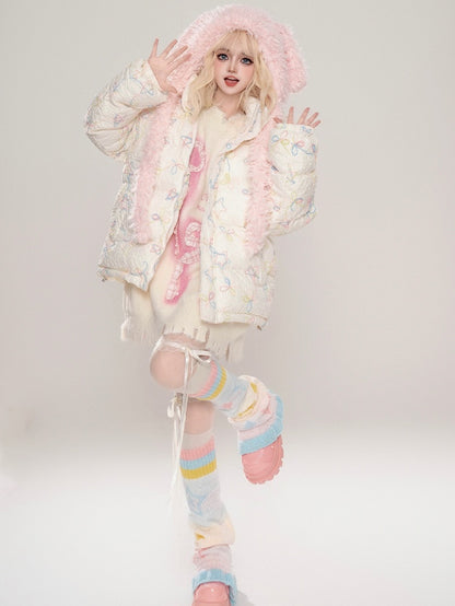 Milchweiß/Rosa dicke Kapuzenjacke mit Sternen und Schleifen