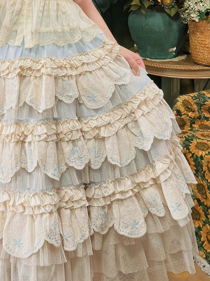 ブルーバニーレイヤード刺繍スカロップトリムヘムロリータスカート