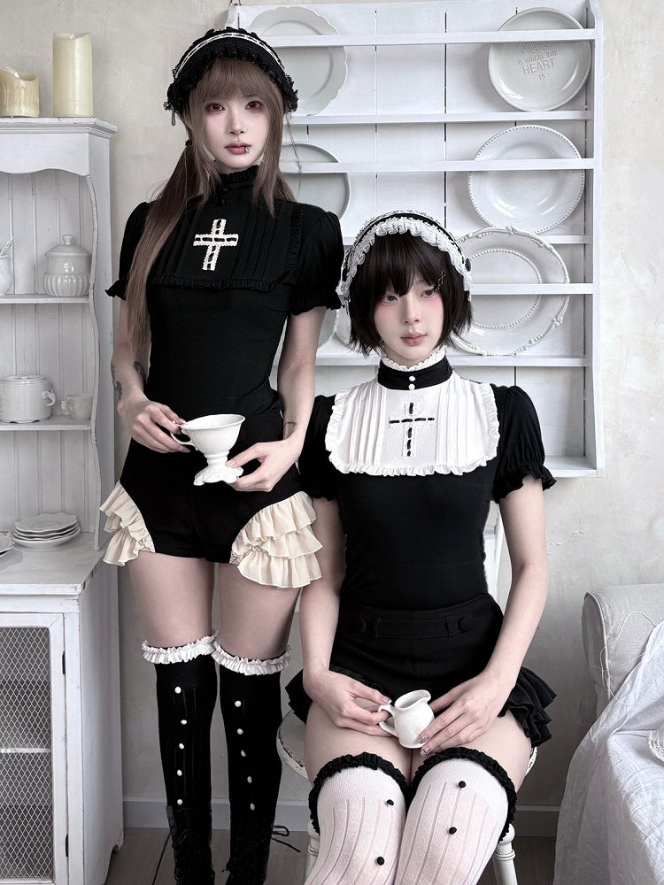 Gothic Black and White Cross-Decorated Ruffle Short Sleeve Top - Damn Girl