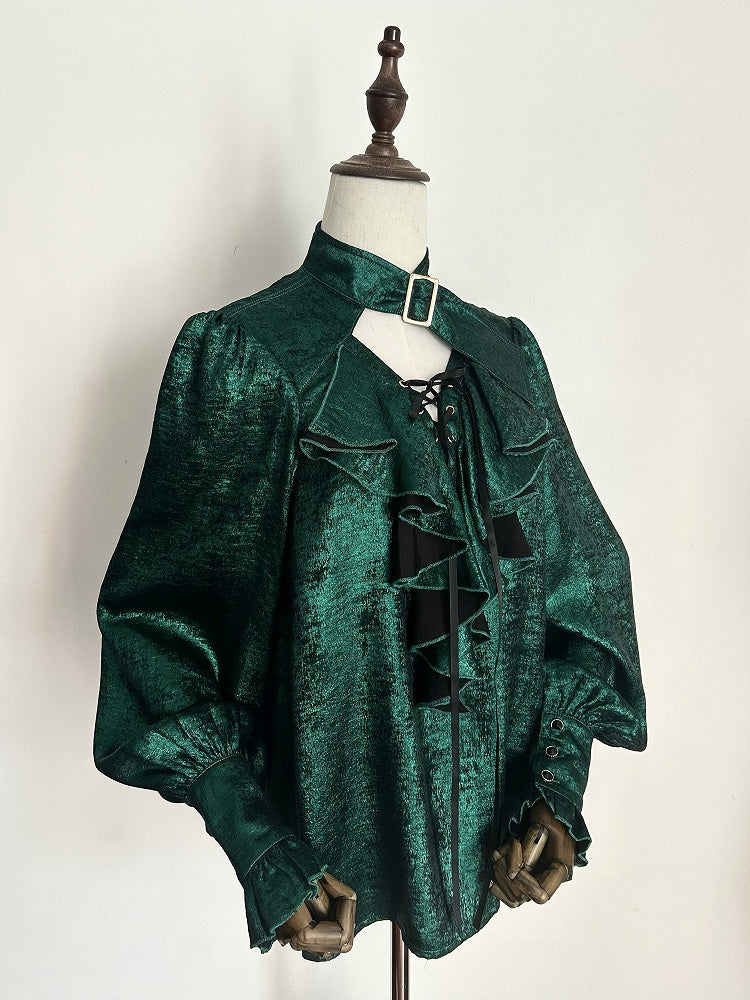 Pirate Bodice Long Cascading Shirt Ruffle Sleeves Green Ouji Lolita Vibes