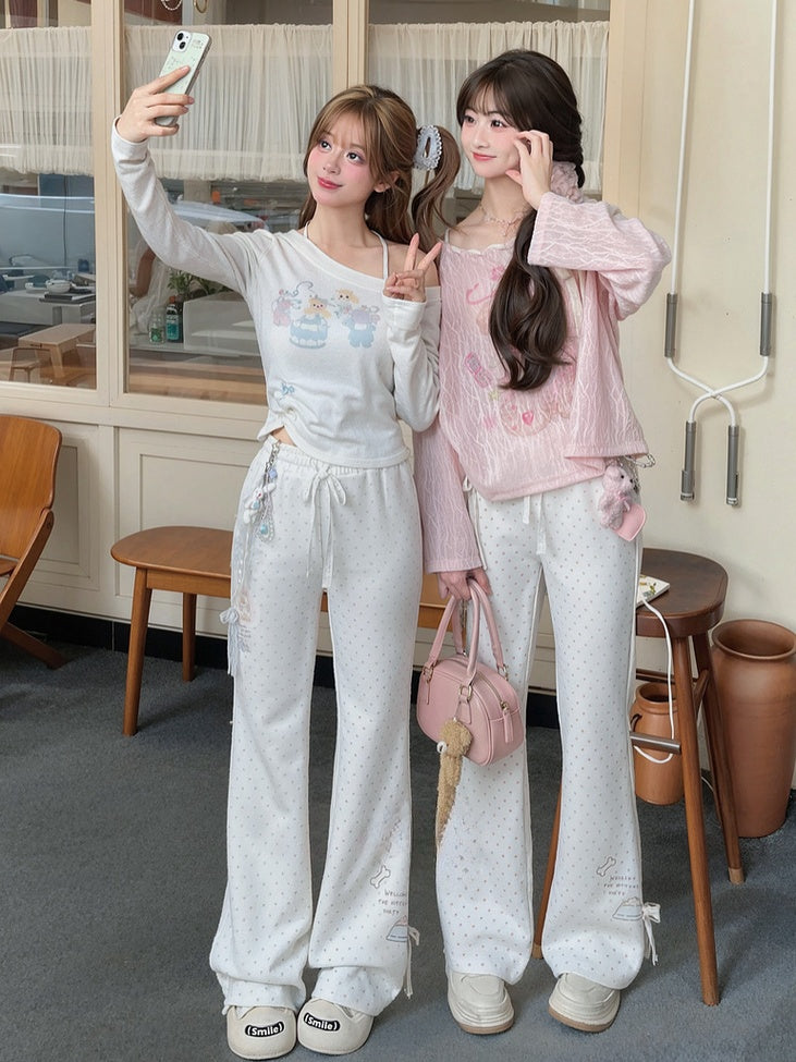 Schlaghose mit gepunkteter Spitze und Schleife, entzückendes Kätzchen-Print, Version Normal/Lang, Rosa, Weiß