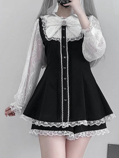 Jirai Kleid Kei Tailliertes Mini mit weißen Ärmeln Spitze Schwarz