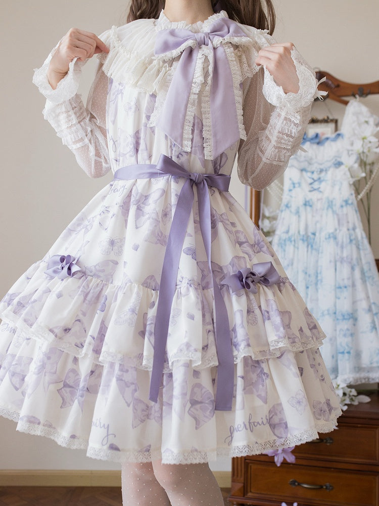 Purple Big Bowknot on Neckline Bows Print Double Layered Lolita Dress