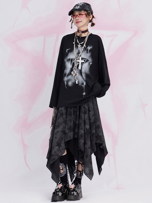 Lockeres Langarm-T-Shirt mit schwarzem Stern