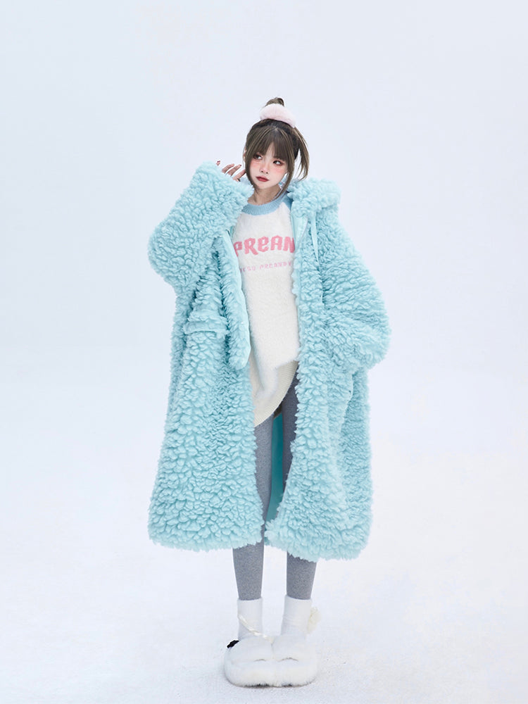 Light Winter Coat Blue for Hooded Drawstrings Fleece Long with