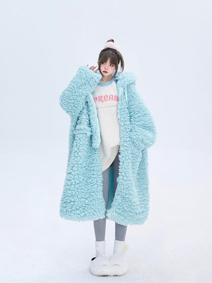 Light Winter Coat Blue for Hooded Drawstrings Fleece Long with
