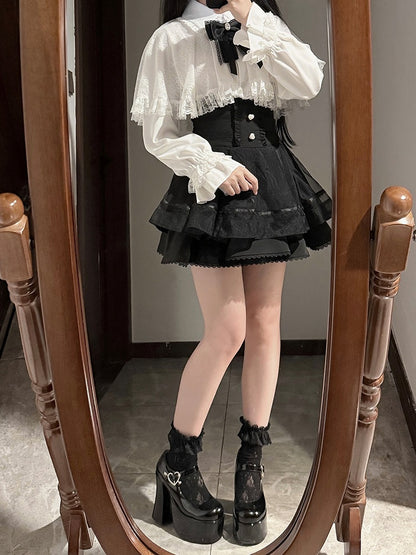 Skirt Kei High-Waist Tiered Heart-Shaped Accents Black Button with Jirai