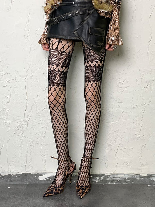 Graue Punk-Netzstrumpfhose mit Hohlsaum