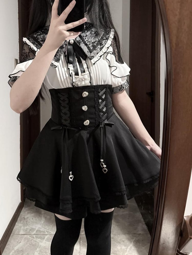 Jirai Kei Double Bow Collar White Blouse with Black Details Lace Shoulder Cutout